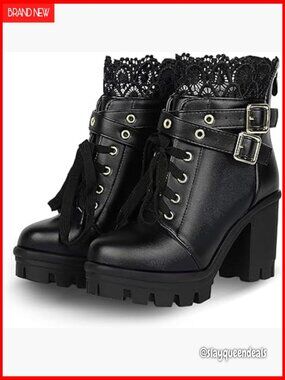 Women's Chunky Platform High Heel Ankle Boots Lace Up Buckle Punk Shoes